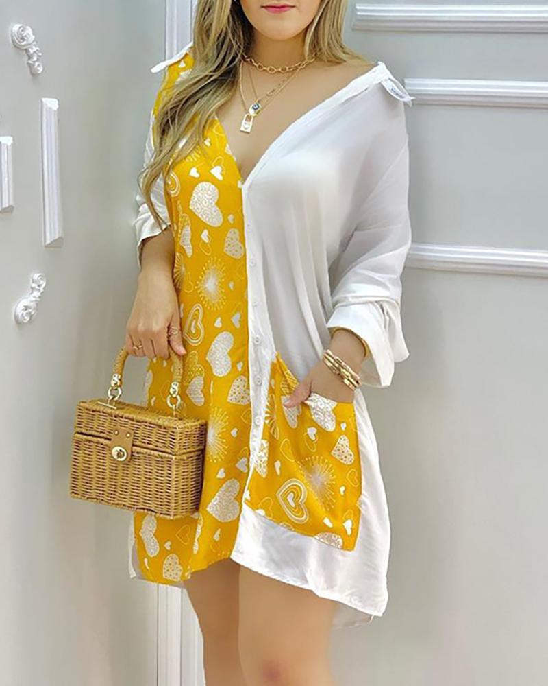 

Buttoned Pocket Design Heart Print Colorblock Shirt Dress, Yellow