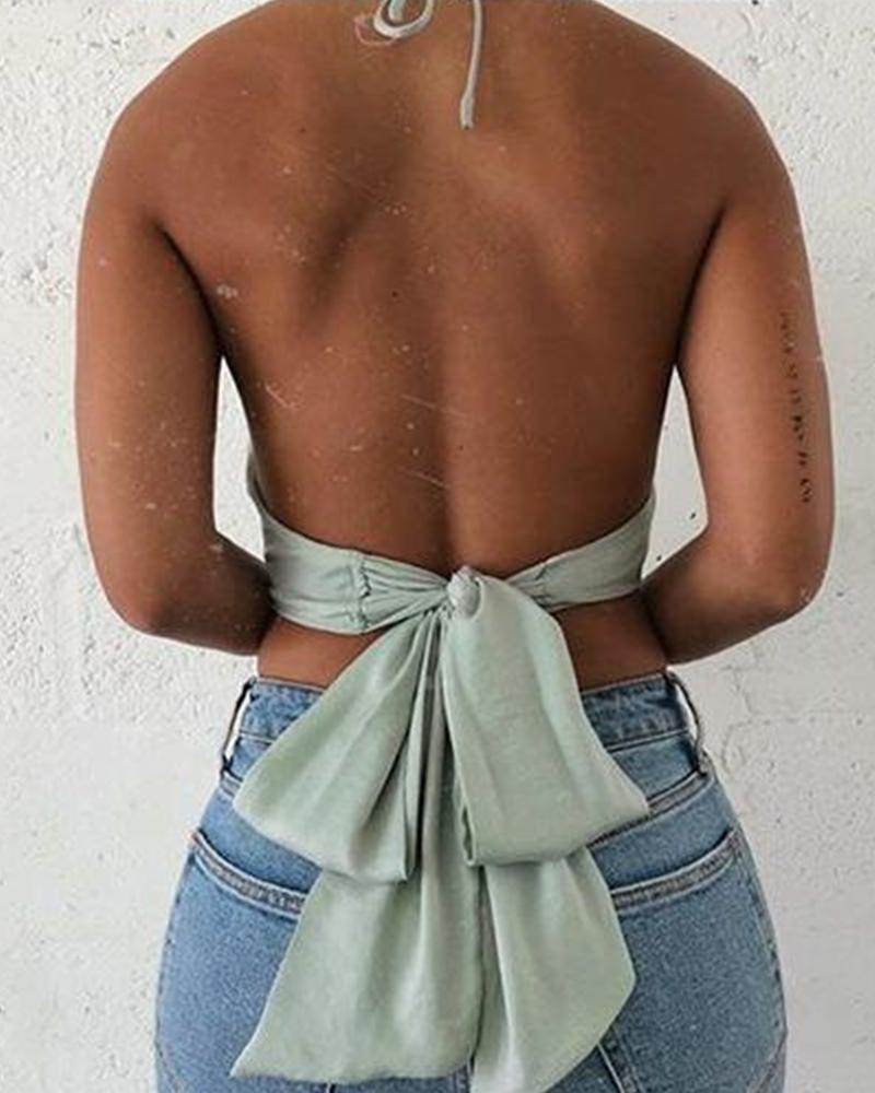 

Solid Color Backless Bowknot Sleeveless Top, Green