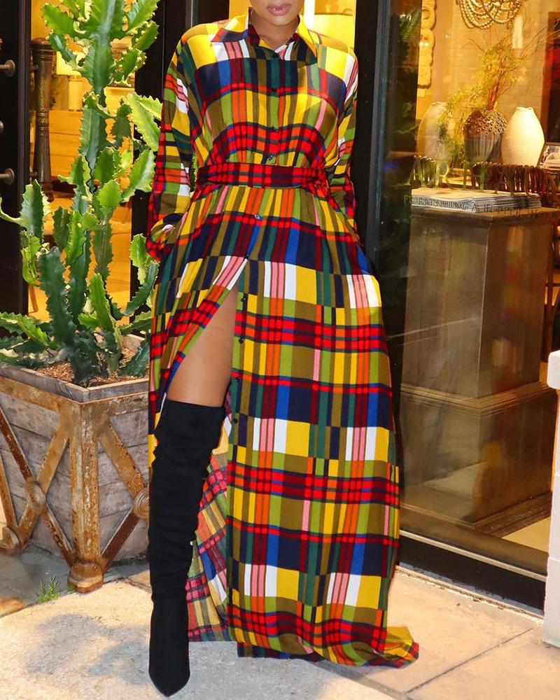 

Plaid Colorblock High Slit Maxi Shirt Dress, Multicolor