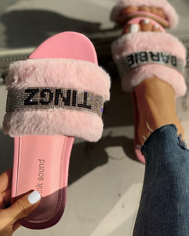 

Letter Print Fluffy Open Toe Slip-On, Pink