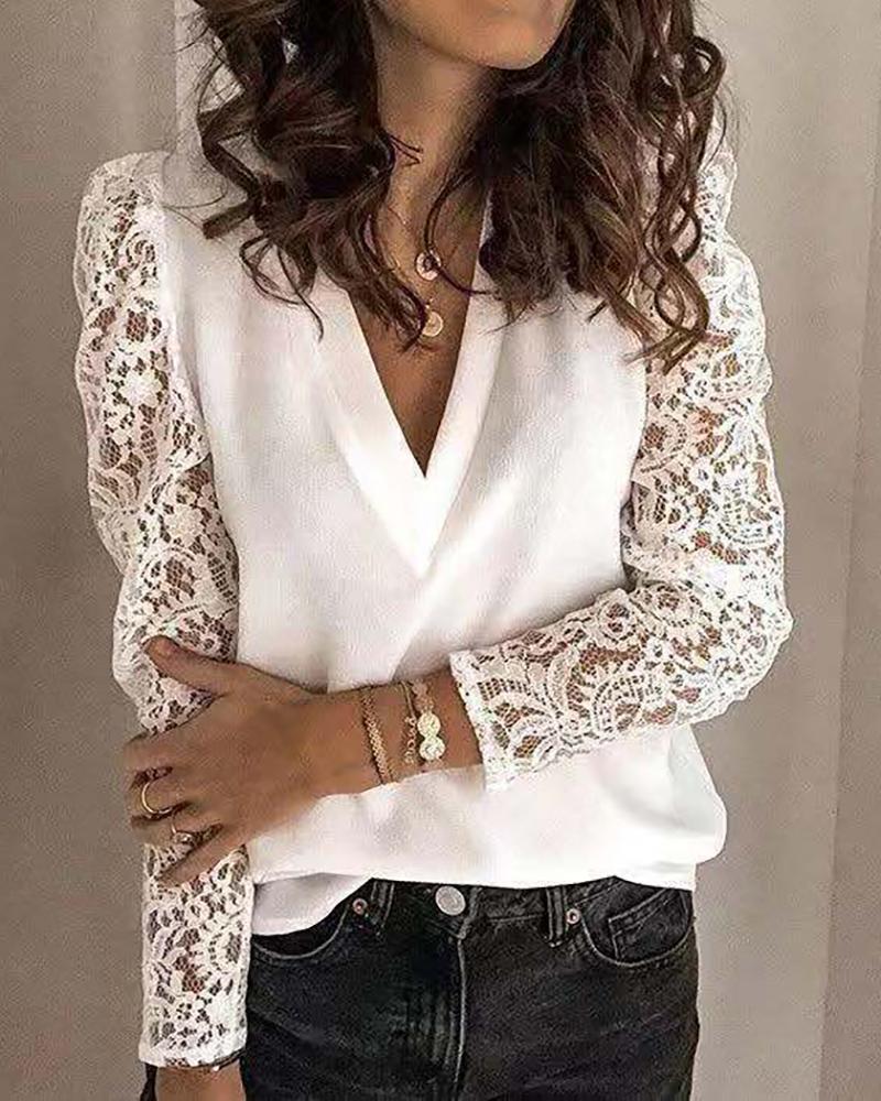 

Long Sleeve Lace Patchwork Blouse, White
