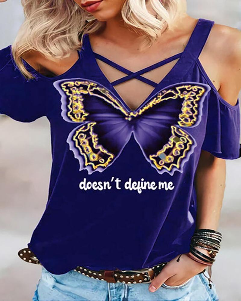 

Cold Shoulder Butterfly Letter Print Bandage Top, Blue
