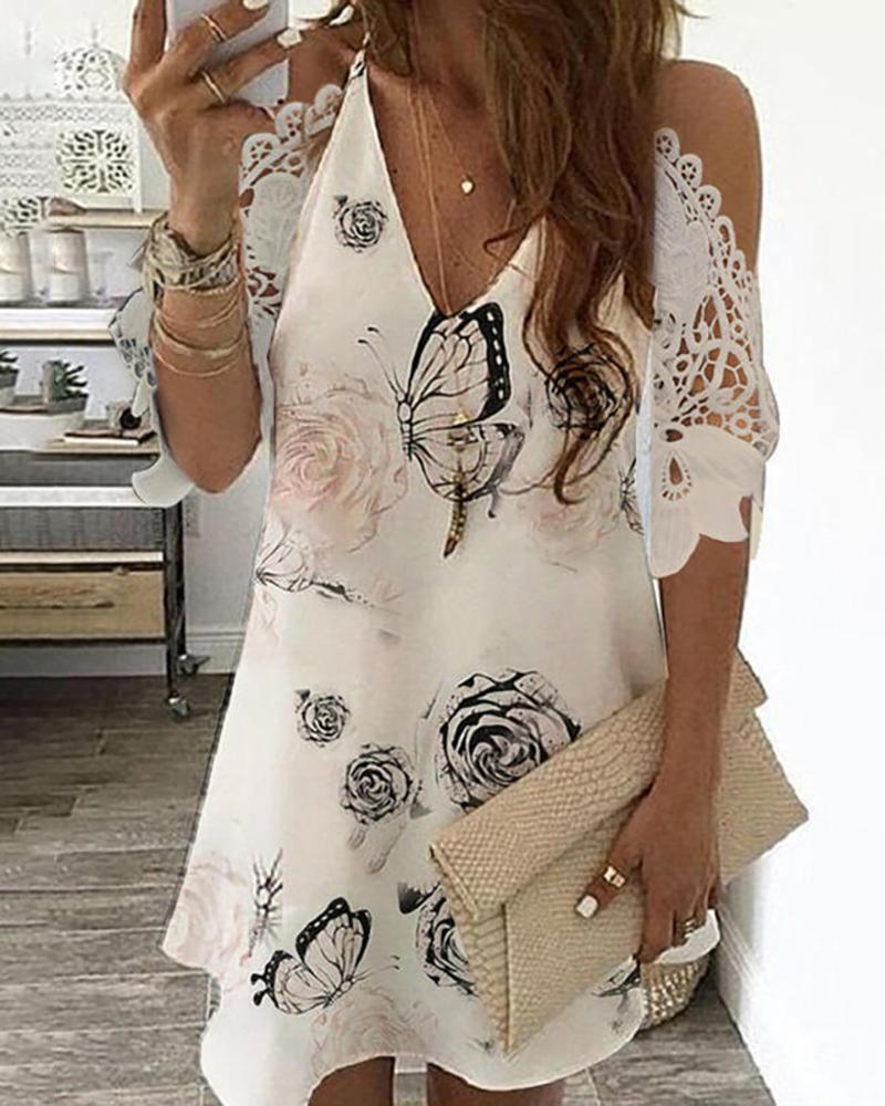 

Floral Butterfly Print Cold Shoulder Casual Dress, White