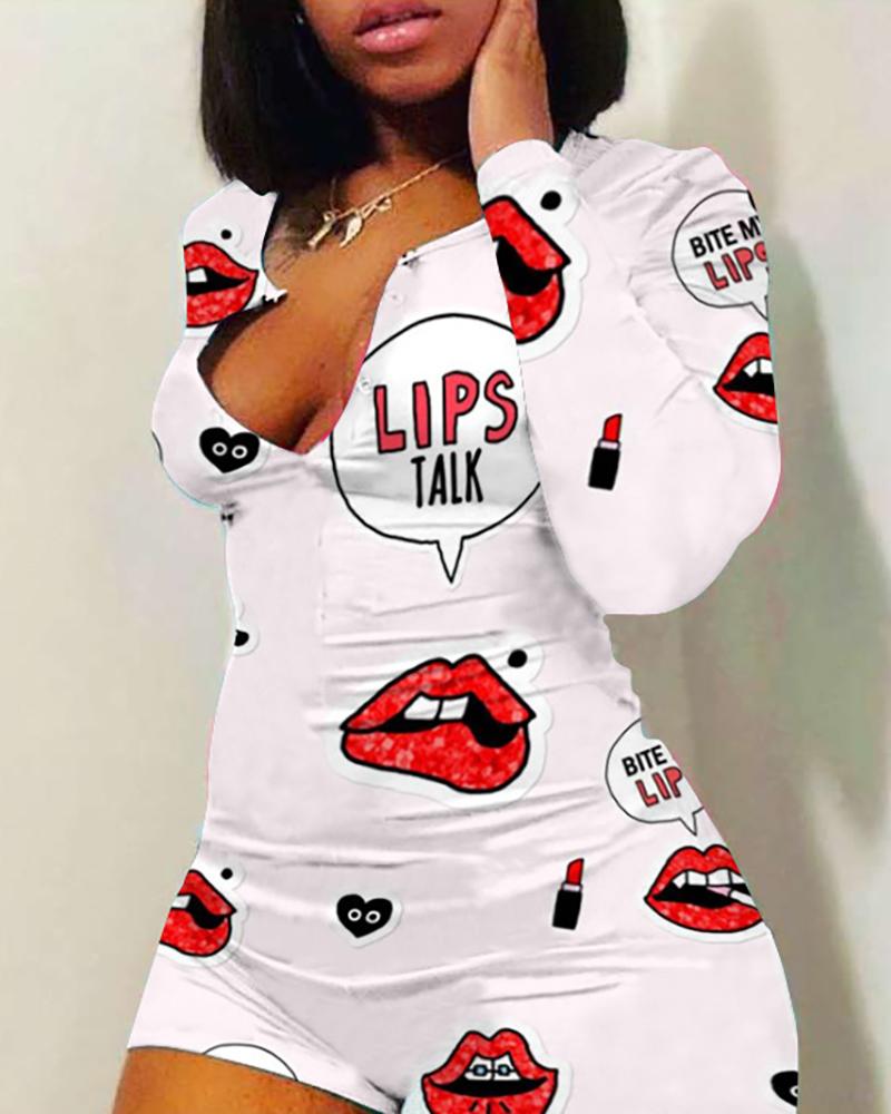 

Lip Cartoon Print Plunge Romper, White