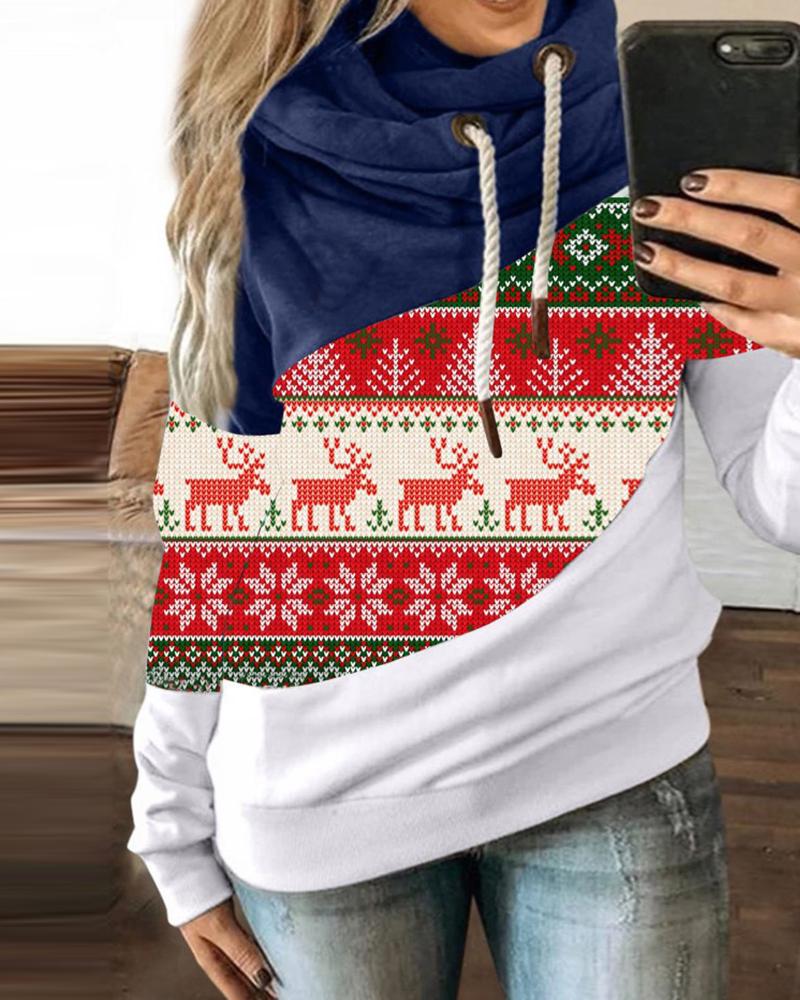 

Christmas Print Colorblock Hooded Top, Dark blue