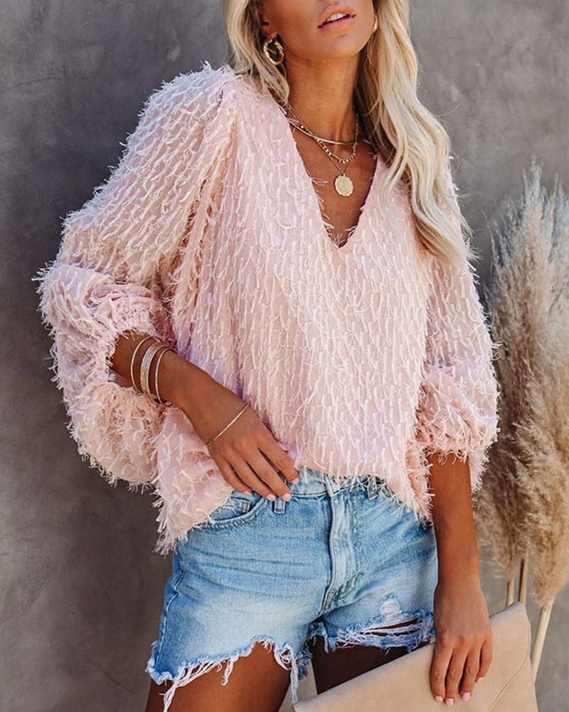 

Plain Sheer Mesh Fluffy Batwing Sleeve Top, Pink