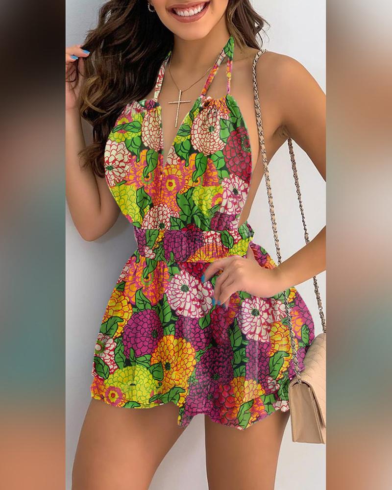 

Multicolor Print Strap Skinny Waist Mini Dress