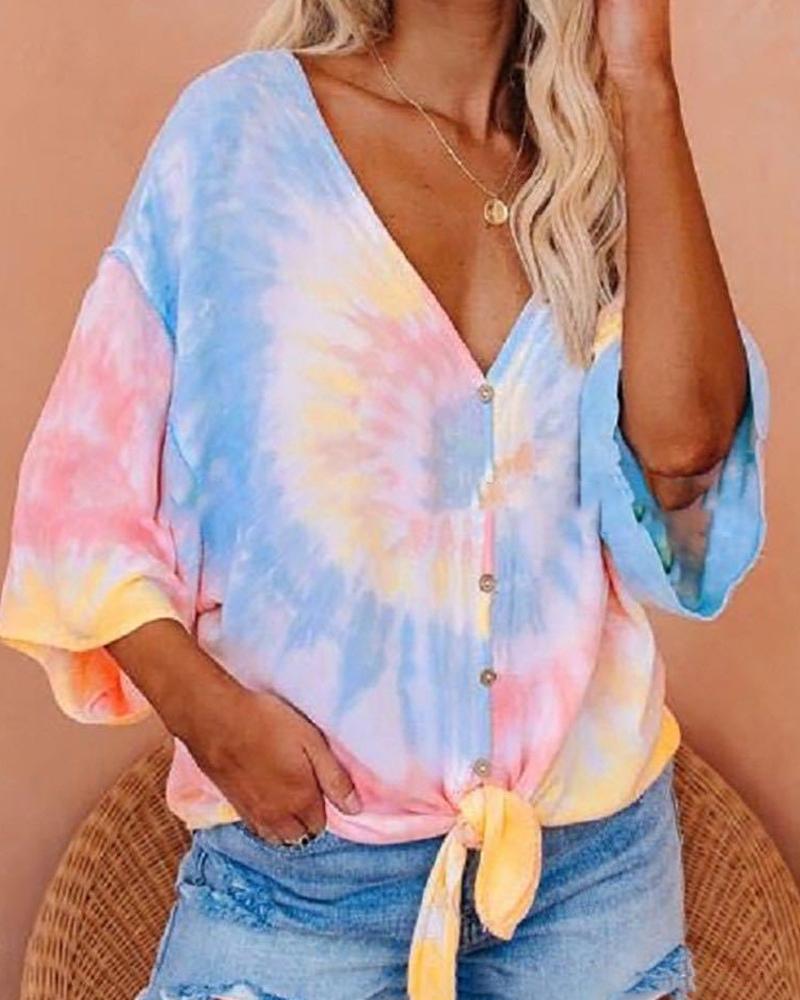 

Tie Dye Print Half Sleeve Button Women Blouse, Green