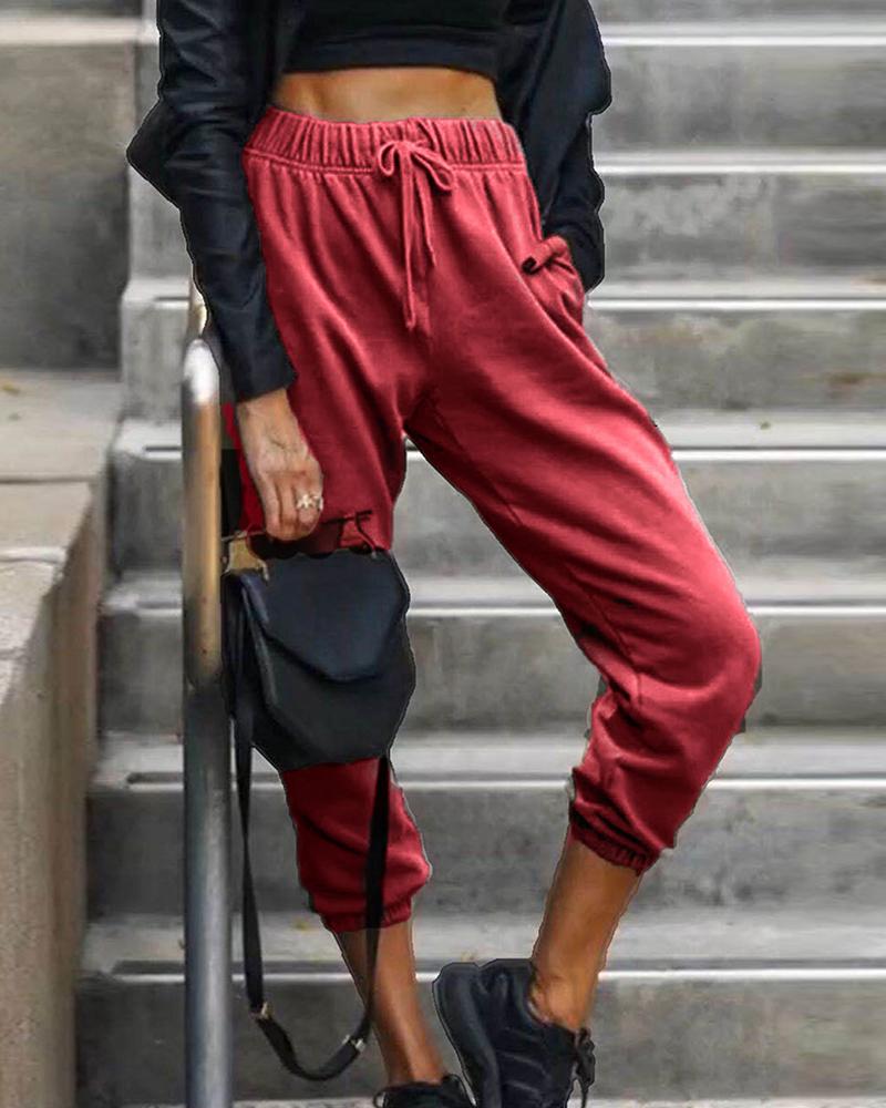 

Plain Drawstring Casual Sweatpants, Red