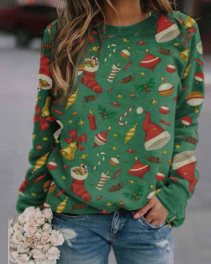 

Christmas Mixed Print Casual Sweatshirt, Green