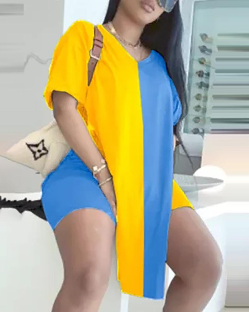 

Colorblock Short Sleeve Slit V Neck Top & Shorts Set, Blue