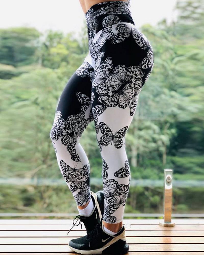 

Butterfly Printing Fit Long Yoga Pants, Black