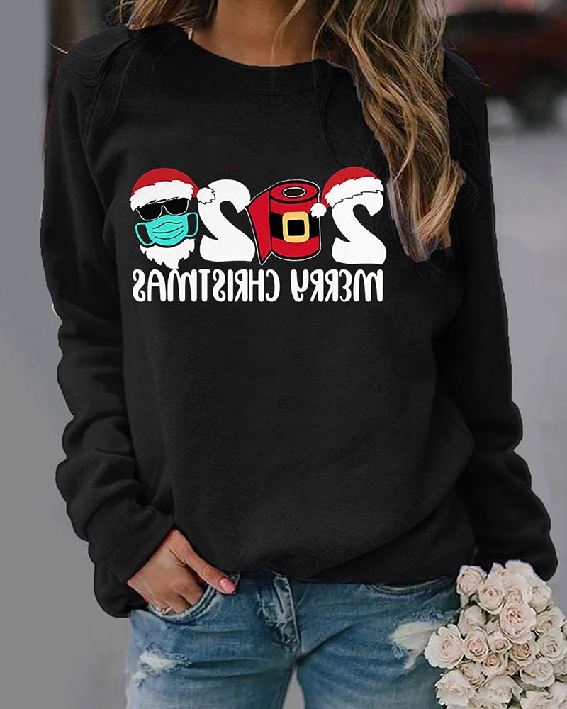 

Christmas Letter Print Long Sleeve Top, Black