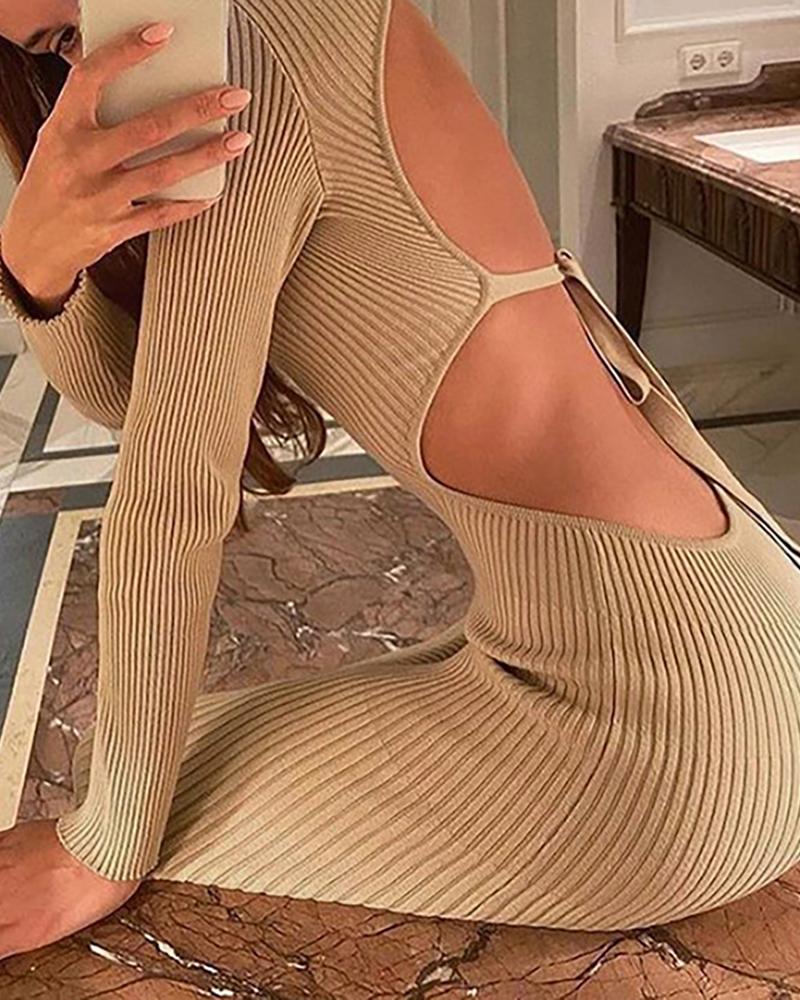 

Plain Ribbed Backless Maxi Dress, Khaki