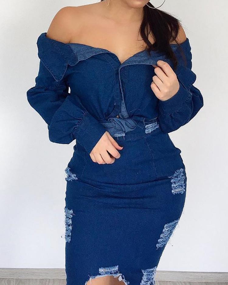 

Sexy Slinky Distressed Denim Top &Skirt Set, Blue