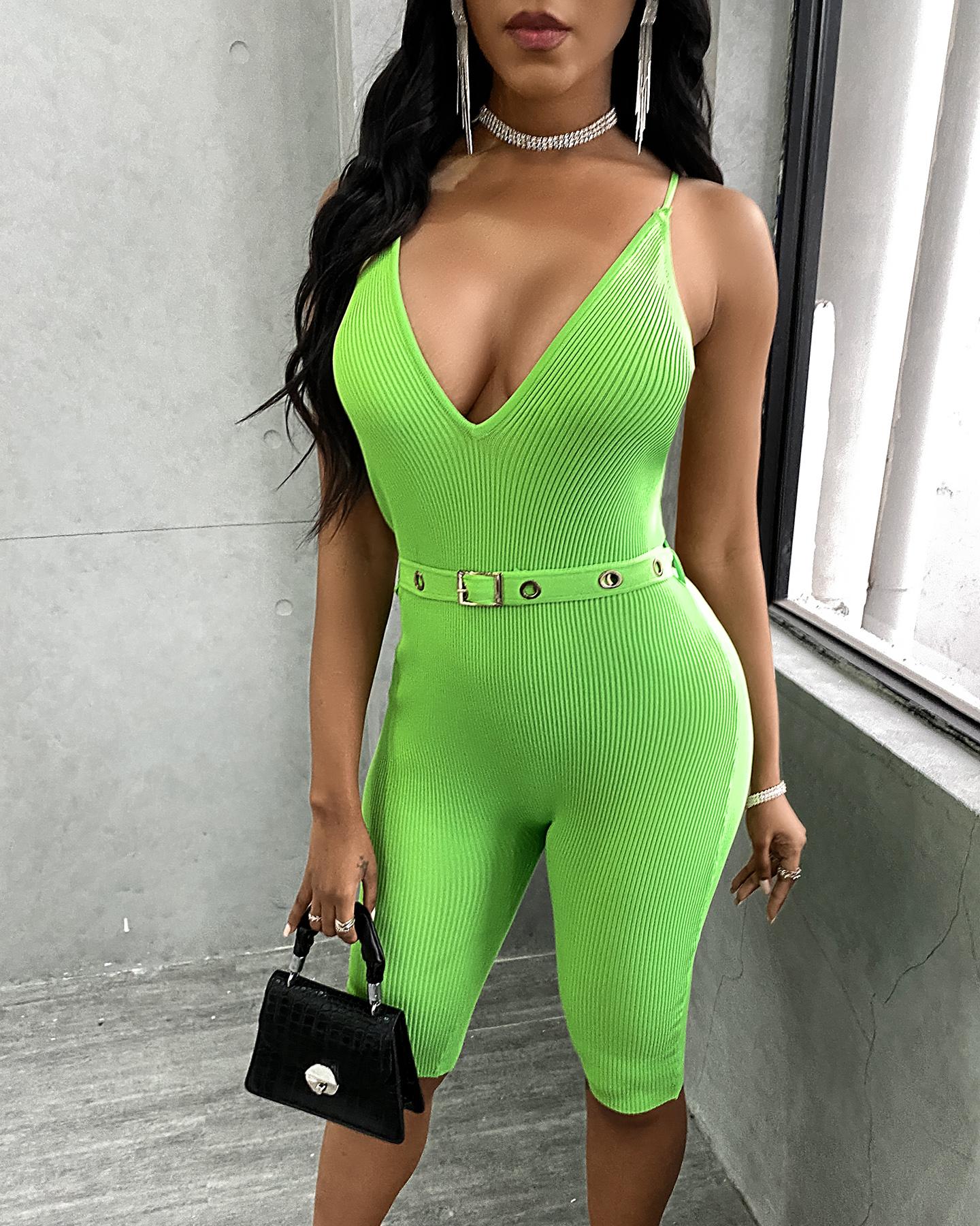 

Plain Ribbed Spaghetti Strap Romper, Green