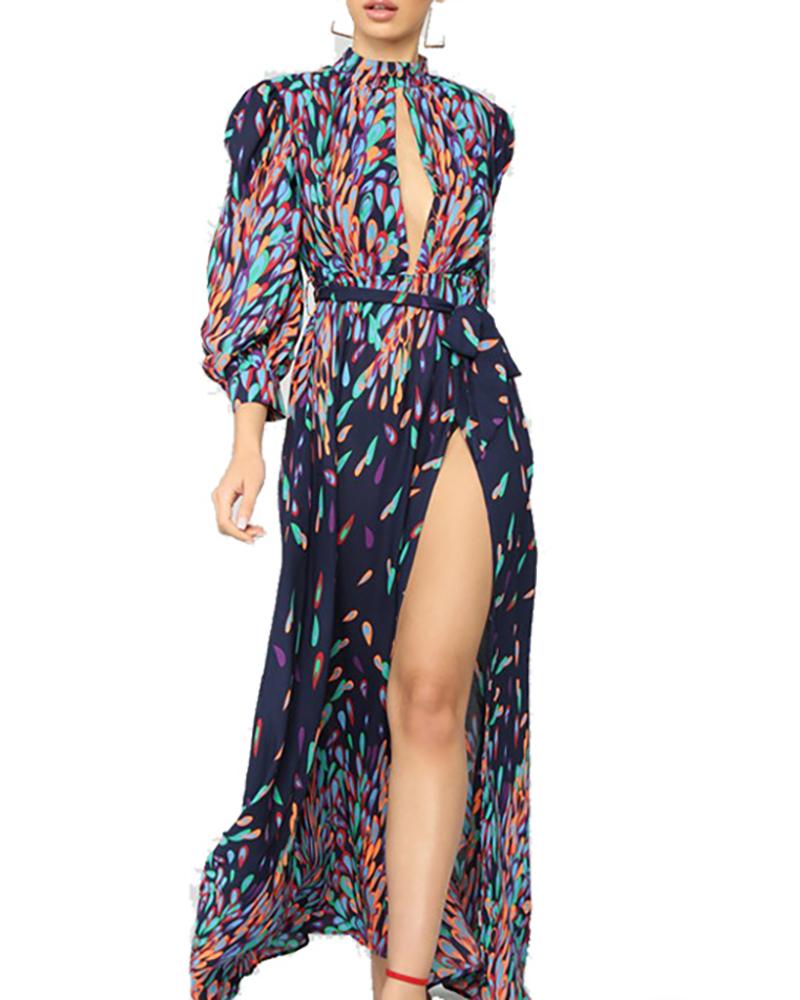 

Paisley Print Cutout Front High Slit Maxi Dress, Multicolor
