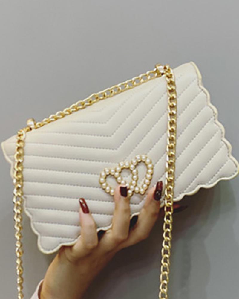

Double Heart Pattern Chevron Chain Bag, White