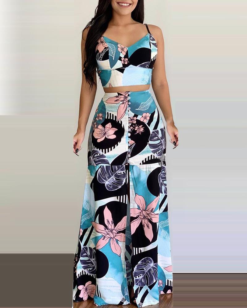 

Floral Print V Neck Spaghetti Strap Top & Skirt Set, Blue