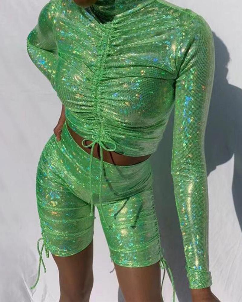 

Sexy Sequined Crop Women Top & Shorts, Green