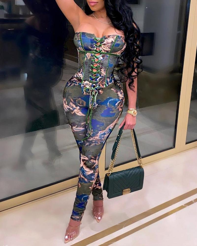 

Eyelet Lace Up Off Shoulder Abstract Print Jumpsuit, Green