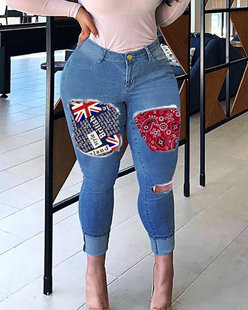 

Paisley Flag Print Cutout Denim Pants, Blue