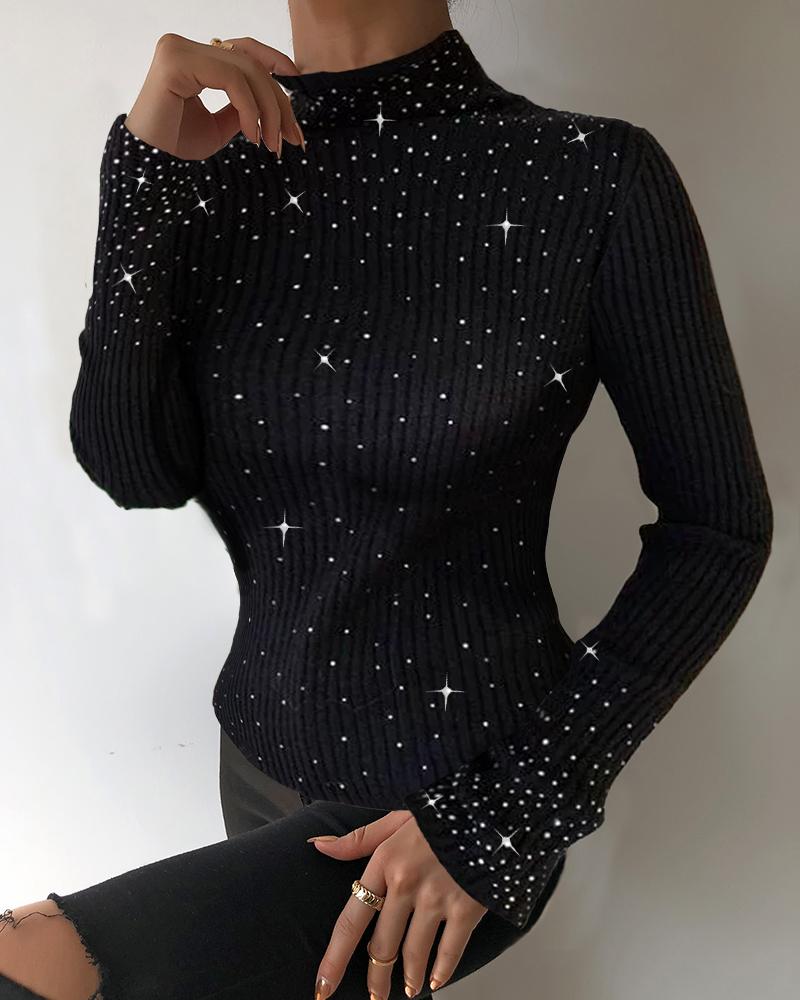 

Studded Glitter Long Sleeve Knit Sweater, Black