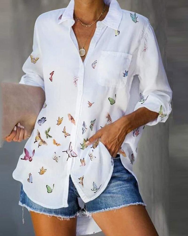 

Butterfly Print Long Sleeve Casual Shirt, White