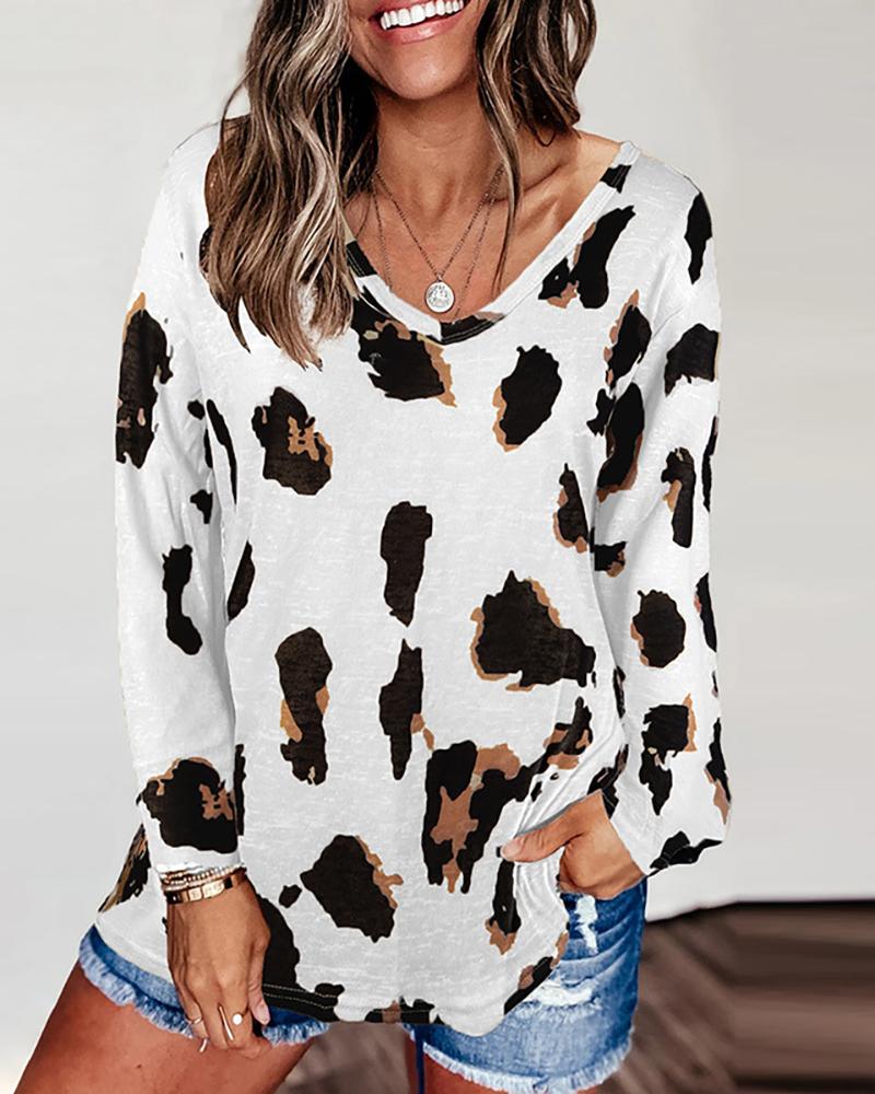 

Cheetah Print Colorblock Long Sleeve Casual Top, White