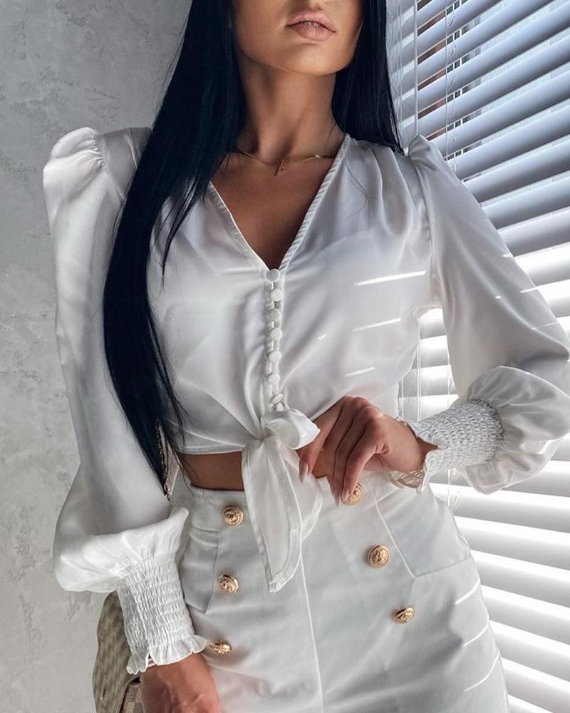 

Puff Lantern Sleeve Tie Front Shirring Detail Top, White