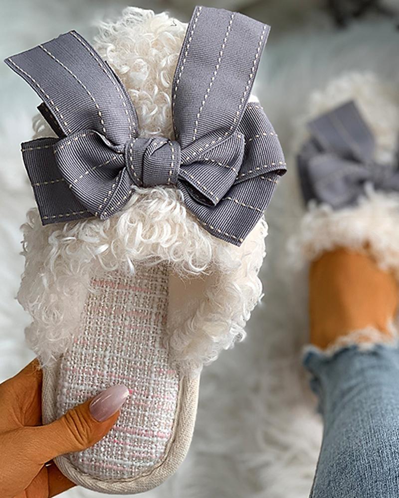 

Bowknot Decor Fluffy Slippers, Gray