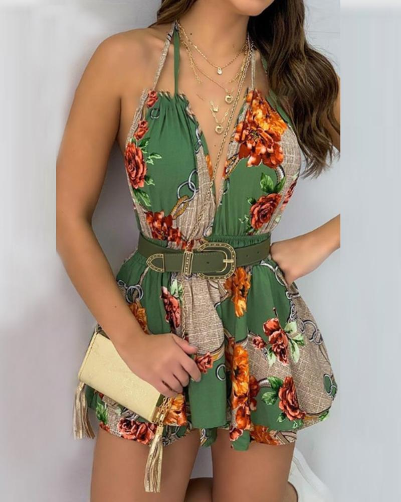 

Boho Style Floral Print Halter Sleeveless Skinny Waist Mini Dress, Style3