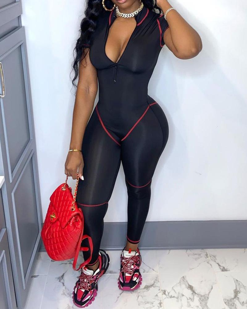 

Contrast Binding Zipper Front Short Sleeve Jumpsuit, Black