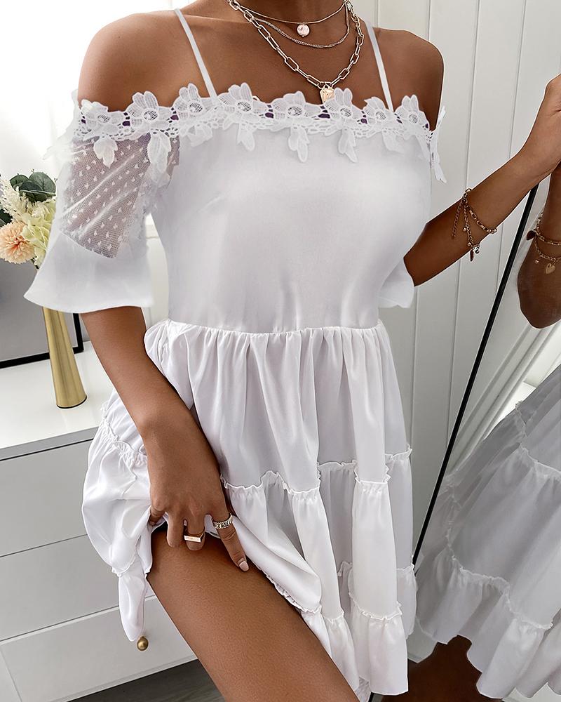 

Ruched Spaghetti Strap Lace Hem Mesh Casual Dress, White