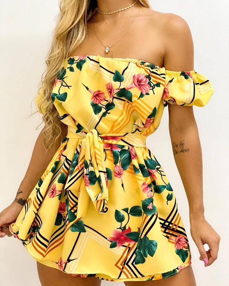 

Off Shoulder Floral Print Short Sleeve Casual Dress, Yellow