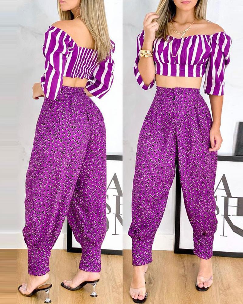

Striped Half Sleeve Crop Top & Cheetah Print High Waisted Pants Set, Purple