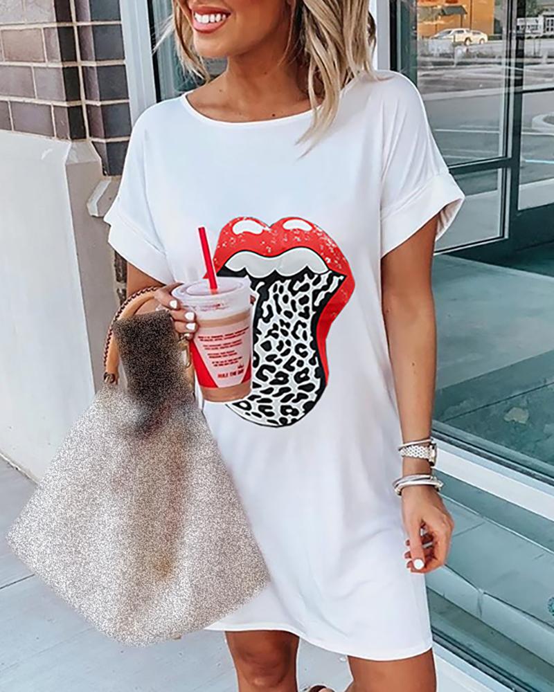 

Lip Print Short Sleeve Casual Dress, White