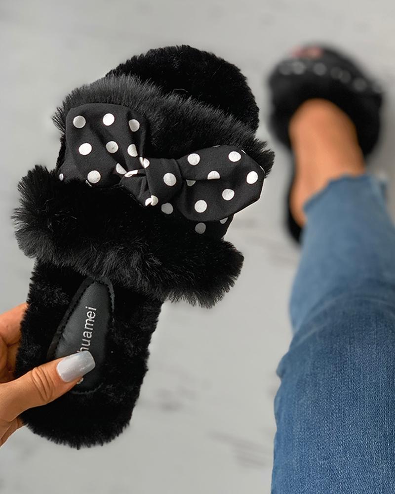 

Polkadot Print Bowknot Casual Slipper, Black