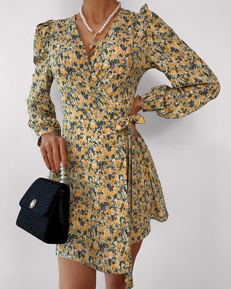 

Ditsy Floral Print Puff Sleeve Wrap Dress, Yellow