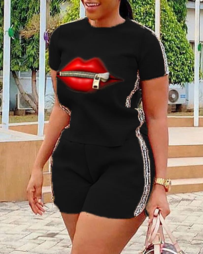 

Lip Print Tape Insert Top & Shorts Set, Black