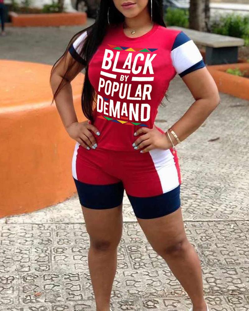 

Letter Print Colorblock Top & Shorts Set, Red