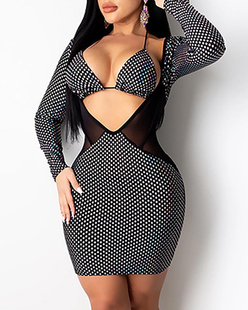 

Studded Colorblock Mesh Bodycon Dress With Bra, Black