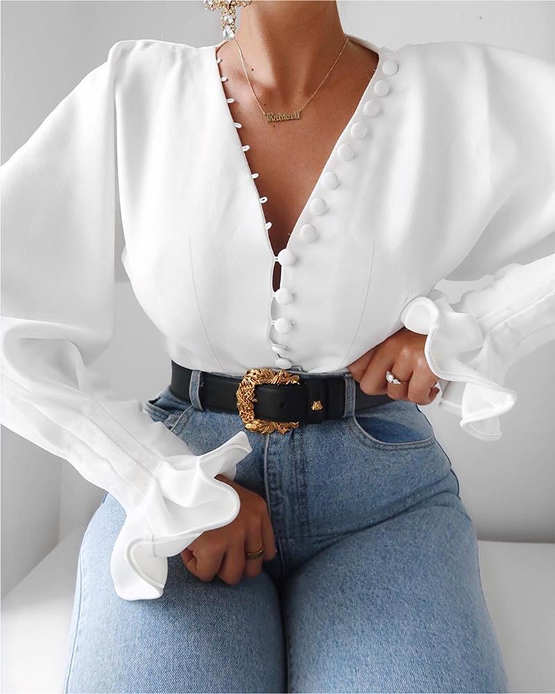 

Button Front Bell Sleeve Top, White