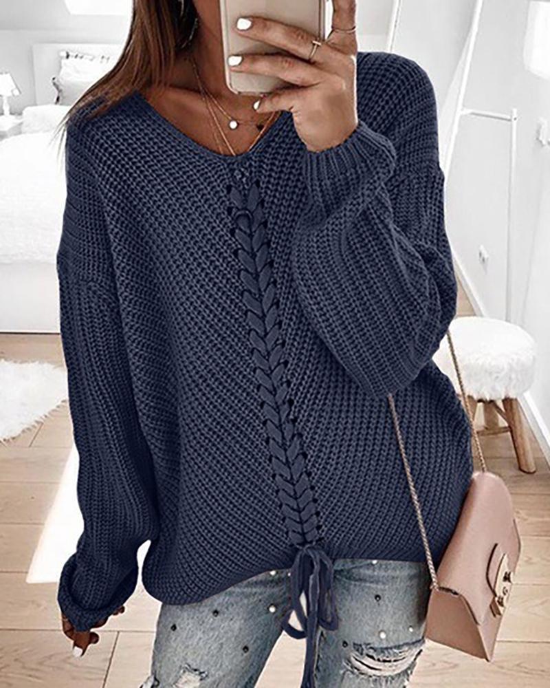 

Eyelet Lace-up Knitt Casual Sweater, Dark blue