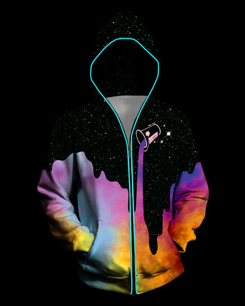 

3D Light Up Hooded Tie Dye Print Zipper Battery Powered Jacket, Black