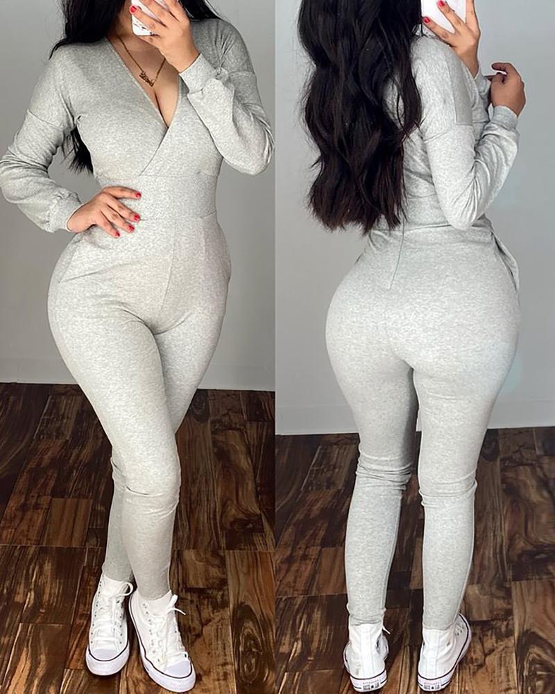 

Long Sleeve Skinny Wrap Jumpsuit, Gray