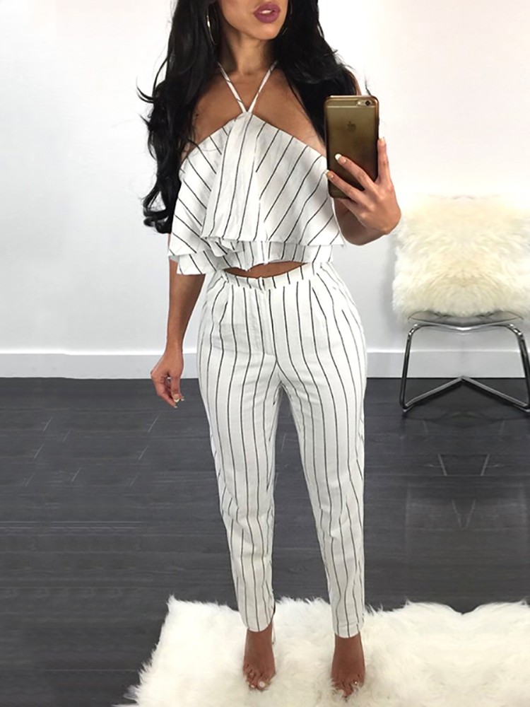 Sexy slight stretch stripe printing halter neck backless pants sets