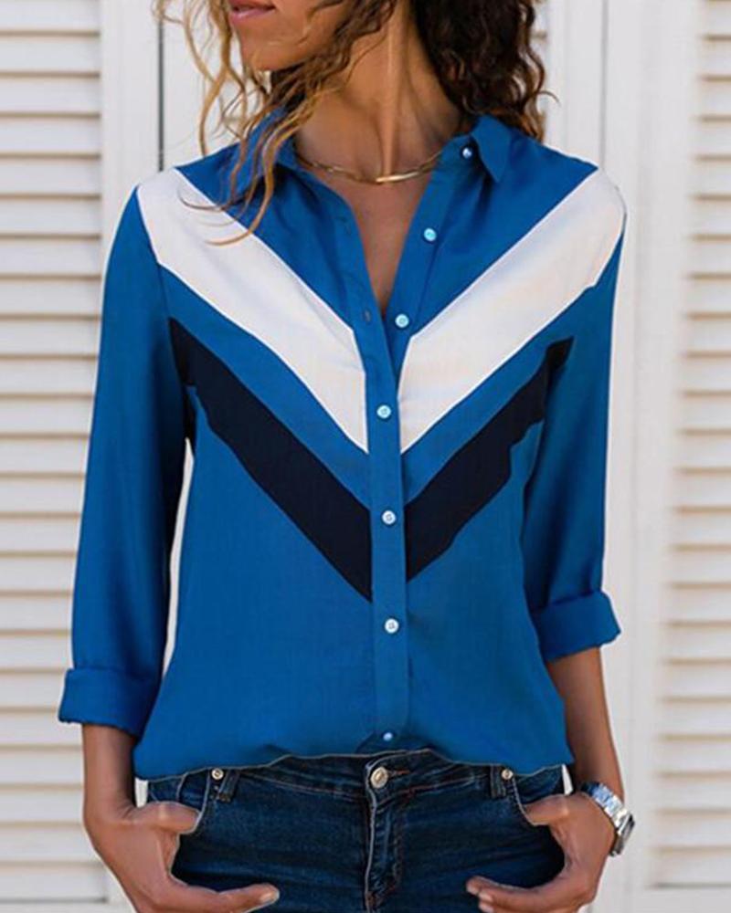 

Contrast Color Button-Up Long Sleeve Shirt, Blue
