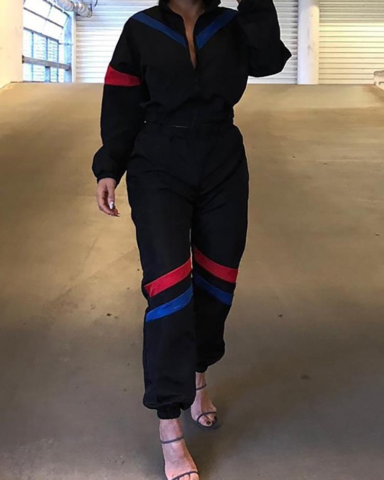 

Contrast Color Splicing Jacket With Pants Sets, Black