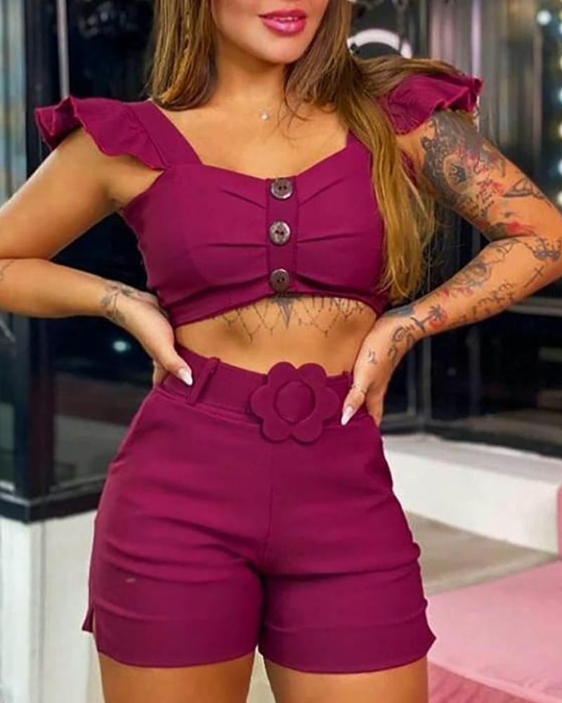 

Ruffles Hem Plain Button Design Top & Shorts Set, Red
